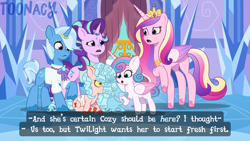 Size: 7680x4320 | Tagged: safe, artist:toonacy, princess flurry heart, starlight glimmer, series:future twilight, absurd resolution, alicorn, alicornified, alternate hairstyle, bags under eyes, balcony, bandage, bandaged wing, bat pony, bat pony cozy glow, bolo tie, bow, bowtie, brooch, button-up shirt, castle, clothes, counselor trixie, cozy glow, cozy glow is flurry heart's problem, cozycorn, crown, crystal castle, crystal empire, derpibooru exclusive, dialogue, duo, duo female, facial markings, fake screencap, female, filly, flashback, foal, folded wings, g4, g4 to g5, g5, generation leap, giant demon alicorn cozy glow, glowing, glowing eyes, group, headmare starlight, horn, horn ring, i can't believe it's not hasbro studios, imported from derpibooru, indoors, jewelry, lesbian, long hair, looking at each other, looking at someone, looking down, mare, messy mane, my little pony: tell your tale, nocturna, older, older cozy glow, older flurry heart, older starlight glimmer, older trixie, outdoors, part of a series, part of a set, pegasus, pendant, peytral, princess cadance, quintet, race swap, raised hoof, red eyes, regalia, ribbon, ring, scared, ship:cozyheart, ship:startrix, shipping, shirt, show accurate, shrunken pupils, sitting, slit pupils, spread wings, star mark, stars, teenager, traumatized, trixie, trixie's brooch, unicorn, unshorn fetlocks, walking, wall of tags, watermark, wedding ring, wings