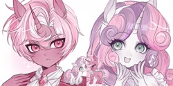Size: 1536x768 | Tagged: safe, artist:pbsoursweet, sweetie belle, oc, oc:lace pendant, 2026, :<, colt, digital art, eared humanization, female, feminine stallion, filly, foal, g4, horn, horned humanization, human, human ponidox, humanized, imported from derpibooru, looking at you, male, mare, pony, pony ears, self paradox, self ponidox, ship:soursweet, shipping, smiling, smiling at you, sparkles, straight, unicorn