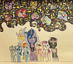 Size: 2048x1814 | Tagged: semi-grimdark, artist:jonatha76257883, applejack, fluttershy, pinkie pie, princess celestia, princess luna, queen chrysalis, rainbow dash, rarity, scootaloo, spike, twilight sparkle, alicorn, changeling, changeling queen, corrupted, discord, draconequus, dragon, earth pony, error, female, filly, foal, g4, glitch, horn, imported from derpibooru, infected, king sombra, lyra heartstrings, male, mane seven, mane six, mare, minuette, pegasus, pibby, pony, trixie, umbrum, unicorn