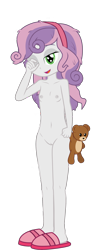Size: 1059x2854 | Tagged: explicit, sweetie belle, adorasexy, banned from derpibooru, belly button, breasts, complete nudity, cute, delicious flat chest, edit, equestria girls, female, headband, imported from twibooru, lolicon, messy hair, nipples, nude edit, nudity, sexy, simple background, slippers, solo, solo female, teddy bear, transparent background, underage, vector, vulva