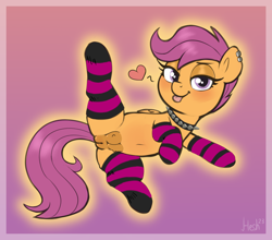 Size: 2183x1923 | Tagged: explicit, artist:heretichesh, editor:feraline(r), scootaloo, clothes, collar, crotchboobs, ear piercing, edit, female, filly, foal, foalcon, g4, genitals, gradient background, heart, imported from derpibooru, nipples, nudity, pegasus, piercing, pony, socks, solo, spiked collar, striped socks, teats, tongue out, vulva