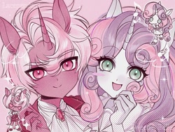 Size: 1024x768 | Tagged: safe, artist:pbsoursweet, sweetie belle, oc, oc:lace pendant, 2026, blush sticker, blushing, c:, clothes, colt, digital art, eared humanization, female, feminine stallion, filly, foal, g4, horn, horned humanization, human, humanized, imported from derpibooru, jewelry, looking at you, male, mare, necktie, pendant, pony ears, self paradox, ship:soursweet, smiling, smiling at you, stallion, unicorn