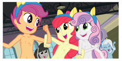 Size: 1525x769 | Tagged: questionable, apple bloom, scootaloo, sweetie belle, banned from derpibooru, belly button, breasts, complete nudity, cutie mark crusaders, delicious flat chest, edit, edited screencap, equestria girls, fake ears, female, friendship games, imported from twibooru, lolicon, nipples, nude edit, nudity, octavia melody, screencap, trixie, underage