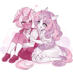 Size: 1500x1500 | Tagged: safe, artist:pbsoursweet, sweetie belle, oc, oc:lace pendant, blushing, canon x oc, clothes, colt, dress, duo, duo male and female, eared humanization, female, feminine stallion, filly, floating heart, floppy ears, foal, g4, heart, horn, horned humanization, hug, human, humanized, imported from derpibooru, male, mare, pony ears, puffy sleeves, ship:soursweet, shipping, shoes, shorts, sitting, socks, stallion, sweat, tail, tailed humanization, tsundere, uniform