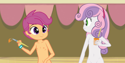 Size: 1456x739 | Tagged: questionable, scootaloo, sweetie belle, banned from derpibooru, belly button, breasts, casual nudity, complete nudity, delicious flat chest, edit, edited screencap, equestria girls, exhibitionism, female, flatie belle, imported from twibooru, lolicon, nipples, nude edit, nudity, scootaflat, screencap, underage