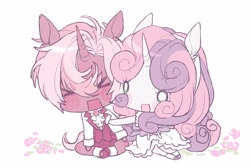 Size: 3260x2192 | Tagged: safe, artist:삼식님, sweetie belle, oc, oc:lace pendant, 2026, ><, blushing, canon x oc, cheek swirl, chibi, clothes, colt, cute, digital art, dress, eared humanization, eyes closed, female, feminine stallion, flower, foal, g4, horn, horned humanization, hug, human, humanized, imported from derpibooru, male, mare, mary janes, necktie, pony ears, rose, ship:soursweet, shipping, shoes, simple background, sitting, socks, stallion, straight, tail, tailed humanization, tsundere, white background