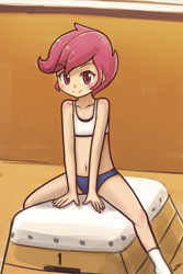 Size: 750x1125 | Tagged: suggestive, artist:lumineko, scootaloo, banned from derpibooru, belly button, blushing, clothes, clothes edit, cute, cutealoo, edit, equestria girls, female, gym uniform, gymnastics, imported from twibooru, lolicon, looking at you, panties, skimpy outfit, smiling, socks, solo, tanktop, thong, underage, underwear, vaulting box