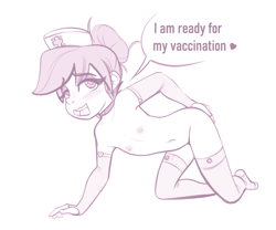 Size: 1742x1451 | Tagged: questionable, artist:sugarlesspaints, alternate version, banned from derpibooru, bedroom eyes, blushing, breasts, choker, clothes, delicious flat chest, dialogue, female, gloves, hat, human, humanized, imported from twibooru, lolicon, long gloves, nudity, nurse hat, nurse redheart, simple background, small breasts, socks, solo, solo female, thigh highs, underage, white background, younger