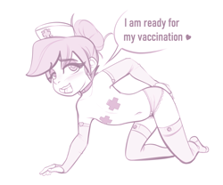 Size: 1742x1451 | Tagged: suggestive, artist:sugarlesspaints, alternate version, banned from derpibooru, bedroom eyes, blushing, breasts, choker, clothes, delicious flat chest, dialogue, female, gloves, hat, human, humanized, imported from twibooru, lolicon, long gloves, nipple tape, nurse hat, nurse redheart, panties, pasties, simple background, small breasts, socks, solo, solo female, thigh highs, underage, underwear, white background, younger