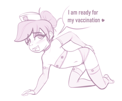Size: 1742x1451 | Tagged: suggestive, artist:sugarlesspaints, banned from derpibooru, bedroom eyes, blushing, breasts, choker, clothes, delicious flat chest, dialogue, female, gloves, hat, human, humanized, imported from twibooru, lolicon, long gloves, nurse hat, nurse redheart, panties, simple background, small breasts, socks, solo, solo female, strapless bra, thigh highs, underage, underwear, white background, younger