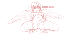 Size: 1793x823 | Tagged: questionable, artist:sugarlesspaints, banned from derpibooru, barley barrel, bottomless, clothes, feather, female, human, humanized, imported from twibooru, lolicon, looking at you, partial nudity, presenting, shirt, simple background, socks, solo, solo female, strategically covered, thigh highs, underage, white background, winged humanization, wings