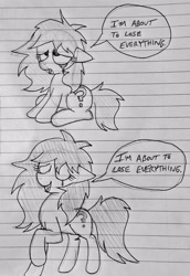 Size: 1826x2650 | Tagged: safe, artist:dhm, oc, oc:anon-mare, oc:filly anon, abstract background, acceptance, crying, dual meaning, female, filly, foal, freedom, imported from derpibooru, inner thoughts, lined paper, mare, monochrome, pen drawing, pencil drawing, pony, sad, scared, sitting, speech bubble, standing, teary eyes, text, traditional art, vent art