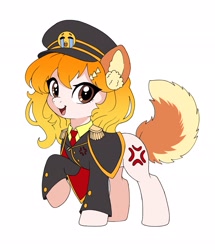 Size: 1761x2048 | Tagged: safe, artist:itsosarutan, :d, black cape, black hat, black jacket, blonde hair, brown eyes, cape, clothes, collared shirt, cross-popping veins, crying, dog ears, dog tail, earth pony, emanata, emoji, epaulettes, female, filly, foal, full body, gradient hair, hat, imported from derpibooru, jacket, looking at you, military hat, nacho chipu, necktie, open mouth, open smile, peaked cap, ponified, pony, raised hoof, red necktie, shirt, simple background, smiling, solo, vtuber, white background, yellow shirt, 😭