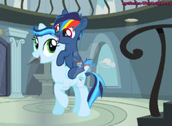 Size: 1024x748 | Tagged: safe, artist:sasha-waybright-14, oc, oc:dornado bolt, oc:rainbow flame, colt, female, foal, imported from derpibooru, indoors, male, mare, offspring, parent:rainbow dash, parent:soarin', parents:soarindash, pegasus, pony, siblings