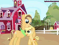 Size: 1024x775 | Tagged: safe, artist:sasha-waybright-14, oc, oc:applemilkshake, oc:glosterapple, apple, apple tree, colt, deviantart watermark, duo, earth pony, farmland, female, fence, foal, imported from derpibooru, male, mare, obtrusive watermark, oc only, offspring, outdoors, parent:applejack, parent:caramel, parents:carajack, pony, siblings, sweet apple acres, tree, watermark