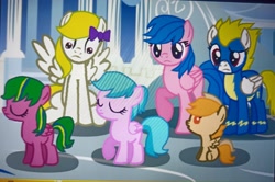 Size: 3439x2290 | Tagged: safe, artist:oumirot, oc, oc:excite, oc:gale lily, oc:lightning fast, oc:surpr firelight, baby, clothes, female, filly, firefly, foal, g1, g1 to g4, g4, generation leap, imported from derpibooru, magical lesbian spawn, male, offspring, parent:firefly, parent:surprise, parents:fireprise, pegasus, pegasus surpr firelight, pony, surprise (g4), uniform, wonderbolts, wonderbolts uniform