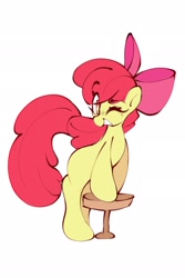 Size: 1365x2048 | Tagged: safe, artist:flaming heart, apple bloom, bipedal, bipedal leaning, blank flank, earth pony, eye clipping through hair, eyebrows, eyebrows visible through hair, female, filly, foal, g4, imported from derpibooru, leaning, looking at you, one eye closed, pony, simple background, smiling, smiling at you, solo, stool, white background, wink, winking at you