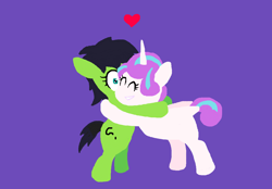 Size: 1085x757 | Tagged: safe, princess flurry heart, oc, oc:filly anon, alicorn, anonymous artist, bipedal, bipedal leaning, duo, duo female, earth pony, eyes closed, female, filly, foal, g4, grin, heart, hug, imported from derpibooru, leaning, lineless, older, older flurry heart, pony, purple background, simple background, smiling