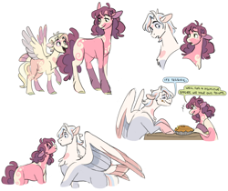 Size: 6000x5038 | Tagged: safe, artist:baylard, absurd resolution, asymmetrical markings, coat markings, colt, dialogue, dreamcatcher (rule 63), duo, duo male and female, earth pony, eyes closed, female, floppy ears, foal, food, g3, g3 to g4, g4, generation leap, half r63 shipping, heart, heart mark, height difference, honolu-loo, imported from derpibooru, kissy face, male, mare, offspring, parent:skywishes, parent:star catcher, partially open wings, pegasus, pie, pony, rule 63, shipping, simple background, skywishes, socks (coat markings), spread wings, stallion, star catcher, tail, tail feathers, white background, wings