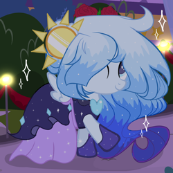 Size: 2048x2048 | Tagged: safe, artist:cosmosloghy, oc, oc:nerissa ivoryskies, backlighting, blue mane, canterlot, clothes, dress, female, filly, floral head wreath, flower, flower in hair, foal, gala dress, imported from derpibooru, indoors, looking at you, oc only, one eye closed, pegasus, pegasus oc, planet ponies, ponified, pony, rose, smiling, smiling at you, solo, space ponies, space pony, wink, winking at you