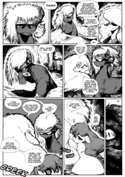 Size: 4961x7016 | Tagged: safe, artist:witchdoctordb, apple bloom, oc, comic:somber, alternate universe, bandage, black and white, blood, comic, dialogue, earth pony, female, filly, flower, flower in hair, foal, g4, grayscale, imported from derpibooru, injured, limestone pie, mare, monochrome, mother and child, mother and daughter, pear butter, pony, speech bubble