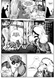 Size: 4961x7016 | Tagged: safe, artist:witchdoctordb, apple bloom, comic:somber, alternate universe, bandage, black and white, blood, chancellor neighsay, clothes, comic, dialogue, dress, female, filly, flower, flower in hair, foal, g4, grayscale, head pat, horn, imported from derpibooru, limestone pie, male, mare, monochrome, mother and child, mother and daughter, pat, pear butter, speech bubble, stallion, throwing, unconscious, unicorn