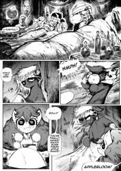 Size: 4961x7016 | Tagged: safe, artist:witchdoctordb, apple bloom, comic:somber, alternate universe, applesauce, bandage, bed, black and white, bleeding, blindfold, blood, comic, dialogue, earth pony, eyepatch, feeding, female, filly, foal, food, force feeding, g4, grayscale, hospital, imported from derpibooru, in bed, limestone pie, male, monochrome, semi-anthro, speech bubble, spitting, spoon, stallion, thought bubble