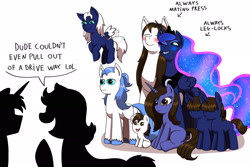 Size: 3000x2000 | Tagged: safe, artist:steelknigh, princess luna, oc, oc:boreal whitestrake, alicorn, blush lines, blushing, canon x oc, earth pony, ethereal mane, ethereal tail, family, family photo, father and child, father and daughter, father and son, female, filly, flying, foal, g4, group, group photo, horn, husband and wife, imported from derpibooru, long hair, long mane, long tail, male, mare, meme, mother and child, mother and daughter, mother and son, oc name needed, offspring, parent:oc:boreal whitestrake, parent:princess luna, parents:canon x oc, pegasus, pony, shipping, siblings, stallion, tail, twins, unicorn