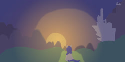 Size: 2048x1024 | Tagged: safe, artist:silverfishv9, oc, oc:azure star (silverfishv9), canterlot, earth pony, earth pony oc, fanfic, fanfic art, fanfic cover, female, filly, filly oc, foal, g4, hill, imported from derpibooru, link in description, mountain, mountain range, my little pony: friendship is magic, outdoors, rear view, solo, sunset