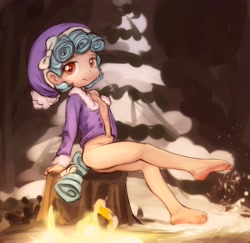 Size: 2911x2831 | Tagged: suggestive, artist:darkstylerz, ass, banned from derpibooru, barefoot, bottomless, butt, campfire, clothes, cozy glow, feet, female, fire, freckles, hat, human, humanized, imported from twibooru, jacket, lolicon, looking at you, partial nudity, snow, solo, solo female, tailed humanization, underage
