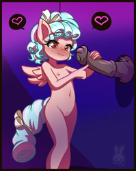 Size: 2066x2600 | Tagged: explicit, artist:maya, anthro, banned from derpibooru, belly button, blue hair, blushing, breasts, complete nudity, cozy glow, delicious flat chest, eyelashes, female, freckles, grin, heart, horsecock, imported from twibooru, lolicon, male, nipples, nudity, pegasus, penis, red eyes, smiling, tail, teeth, underage, vulva, wings
