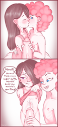 Size: 3000x6500 | Tagged: explicit, artist:crade, pinkie pie, 2 panel comic, banned from derpibooru, blushing, breasts, comic, cum, cum on body, cumming, delicious flat chest, dialogue, embarrassed, erection, female, handjob, human, humanized, imported from twibooru, kissing, lolicon, looking at you, male, marble pie, offscreen character, offscreen male, penis, simple background, small breasts, speech bubble, sweat, underage