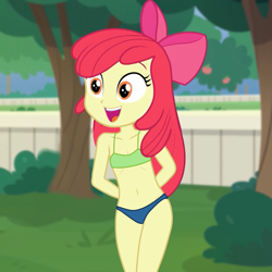 Size: 1080x1080 | Tagged: suggestive, apple bloom, spoiler:eqg series (season 2), adorabloom, apple bloom's bow, banned from derpibooru, belly button, bow, clothes, clothes edit, cute, edit, edited screencap, equestria girls, equestria girls series, female, hair bow, holidays unwrapped, imported from twibooru, lolicon, panties, pants, screencap, short shirt, skimpy outfit, smiling, solo, the cider louse fools, thong, underage, underwear
