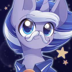Size: 2048x2048 | Tagged: safe, artist:miryelis, oc, clothes, colt, facial hair, foal, horn, imported from derpibooru, looking at you, male, moustache, oc only, pony, smiling, stars, unicorn