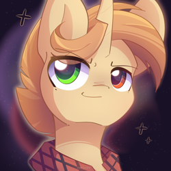 Size: 2048x2048 | Tagged: safe, artist:miryelis, oc, oc:brave boi, bust, clothes, colt, foal, heterochromia, horn, imported from derpibooru, male, oc only, pony, portrait, smiling, solo, sparkles, unicorn