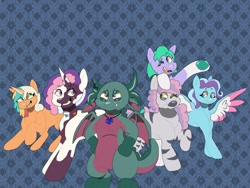 Size: 2048x1536 | Tagged: safe, artist:rinnapaws, au:dragonkeeper misty, dragon, female, filly, foal, g5, glory (g5), imported from derpibooru, peach fizz, pippsqueak trio, pony, seashell (g5), skye, sparky sparkeroni, violette rainbow
