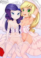 Size: 2500x3539 | Tagged: explicit, artist:oozutsucannon, applejack, rarity, banned from derpibooru, bedroom eyes, bouquet, bouquet of flowers, breasts, bridal lingerie, bride, child, clothes, corset, cowboy hat, delicious flat chest, dress, duo, duo female, evening gloves, female, females only, flower, g4, garter belt, garters, gloves, hat, human, humanized, imported from twibooru, lesbian, lingerie, lolicon, long gloves, looking at you, nipples, nudity, rarijack, shipping, simple background, standing, stockings, thigh highs, underage, vagina, wedding bouquet, wedding dress, wedding veil, white background, younger