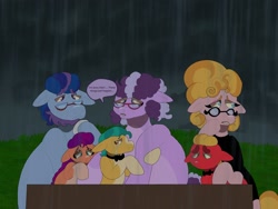 Size: 2048x1536 | Tagged: safe, artist:rinnapaws, argyle starshine, au:dragonkeeper misty, colt, colt hitch trailblazer, colt sprout cloverleaf, crying, female, filly, filly sunny starscout, foal, funeral, g5, grandma figgy, hitch trailblazer, implied death, imported from derpibooru, male, mare, outdoors, phyllis cloverleaf, pony, sad, sprout cloverleaf, stallion, sunny starscout, younger