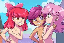 Size: 900x600 | Tagged: questionable, artist:satrathai, apple bloom, scootaloo, sweetie belle, appleoosa's most wanted, banned from derpibooru, bow, complete nudity, cutie mark crusaders, ear piercing, earring, edit, eye clipping through hair, eyebrows visible through hair, female, hair bow, human, humanized, imported from twibooru, jewelry, lolicon, looking at each other, nude edit, nudity, piercing, scene interpretation, smiling, underage, varying degrees of want