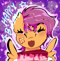 Size: 809x819 | Tagged: safe, artist:kai_do_kaito, scootaloo, :d, birthday, birthday cake, cake, caption, cute, cutealoo, eyelashes, eyes closed, female, filly, foal, food, g4, happy, happy birthday, image macro, imported from derpibooru, offscreen character, open mouth, open smile, pegasus, pony, pov, smiling, solo, spread wings, text, wings