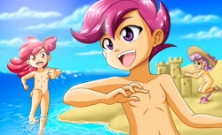 Size: 1248x766 | Tagged: explicit, artist:nancysauria, apple bloom, scootaloo, sweetie belle, banned from derpibooru, barefoot, beach, casual nudity, clothes, cloud, complete nudity, cute, cutie mark crusaders, edit, feet, female, human, human coloration, humanized, imported from twibooru, lolicon, nipples, nude beach, nude edit, nudity, ocean, practitioner of naturism, sand, sandcastle, soaked, swimsuit, underage, water