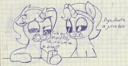 Size: 1664x866 | Tagged: safe, artist:unitxxvii, oc, oc:dyx, oc:nyx, alicorn, dialogue, drink, female, filly, floppy ears, foal, grayscale, grid background, imported from derpibooru, juice, juice box, lidded eyes, monochrome, oc only, open mouth, pen drawing, pony, sister, traditional art, vulgar, wingless, wingless alicorn