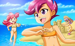 Size: 1248x766 | Tagged: suggestive, artist:nancysauria, apple bloom, scootaloo, sweetie belle, banned from derpibooru, barefoot, beach, bikini, cute, cutie mark crusaders, edit, feet, female, human, human coloration, humanized, imported from twibooru, lolicon, ocean, sand, sandcastle, soaked, swimsuit, swimsuit edit, underage, underwear, underwear edit, water