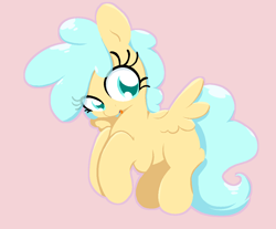 Size: 1069x887 | Tagged: safe, artist:violavaquita, female, filly, foal, full body, g4, imported from derpibooru, open mouth, pegasus, pink background, pony, rainy feather, simple background, solo, spread wings, wings