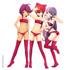 Size: 1024x925 | Tagged: suggestive, artist:lalox, apple bloom, scootaloo, sweetie belle, bandeau, banned from derpibooru, belly button, bikini, bra, breasts, clothes, cutie mark crusaders, delicious flat chest, edit, female, females only, flatie belle, flattle bloom, horn, horned humanization, human, human coloration, human edit, humanized, imported from twibooru, lolicon, looking at you, midriff, open mouth, panties, peace sign, scootaflat, smiling, socks, standing, stockings, swimsuit, thigh highs, trio, trio female, underage, underwear, wings