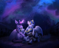 Size: 4000x3300 | Tagged: safe, artist:klarapl, twilight sparkle, oc, oc:tornado turbulence, alicorn, canon x oc, colt, commission, family, fangs, female, filly, foal, g4, glowing, glowing horn, horn, imported from derpibooru, lying down, male, mare, night, offspring, open mouth, open smile, outdoors, parent:oc:tornado turbulence, parent:twilight sparkle, parents:canon x oc, pegasus, picnic blanket, pony, prone, shipping, sitting, smiling, stallion, stargazing, straight, twibulence, unicorn