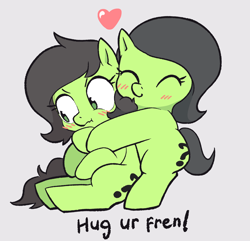 Size: 1892x1825 | Tagged: safe, artist:bagegale, oc, oc:filly anon, ^^, blush lines, blushing, cute, duo, earth pony, eyes closed, eyes open, female, filly, floating heart, foal, gray background, heart, hug, hug from behind, imported from derpibooru, looking away, no pupils, oc only, pony, pouting, simple background, sitting, smiling, standing