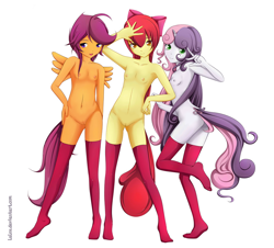 Size: 1024x925 | Tagged: explicit, artist:lalox, apple bloom, scootaloo, sweetie belle, anthro, bandeau, banned from derpibooru, belly button, breasts, clothes, cutie mark crusaders, delicious flat chest, edit, female, females only, flatie belle, flattle bloom, horn, horned humanization, human, humanized, imported from twibooru, lolicon, looking at you, nude edit, nudity, open mouth, peace sign, pony coloring, scootaflat, smiling, socks, standing, stockings, swimsuit, tailed humanization, thigh highs, trio, trio female, underage, winged humanization, wings