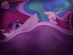 Size: 3200x2400 | Tagged: safe, artist:xconito, princess celestia, twilight sparkle, alicorn, alternate universe, anthro, bed, blanket, duo, feather, female, filly, filly twilight sparkle, foal, g4, holding wing, horn, horn ring, imported from derpibooru, in bed, magic suppression, momlestia, momlestia fuel, my little sombra: resistance is magic, ring, sleeping, unicorn, unicorn twilight, wing blanket, winghug, wings, younger