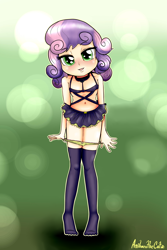 Size: 2000x3000 | Tagged: questionable, artist:anibaruthecat, sweetie belle, abstract background, banned from derpibooru, belly button, clothes, collar, edit, equestria girls, female, human coloration, human edit, imported from twibooru, lolicon, looking at you, panties, skimpy outfit, skirt, stockings, sweetiedom, thigh highs, underage, underwear, undressing